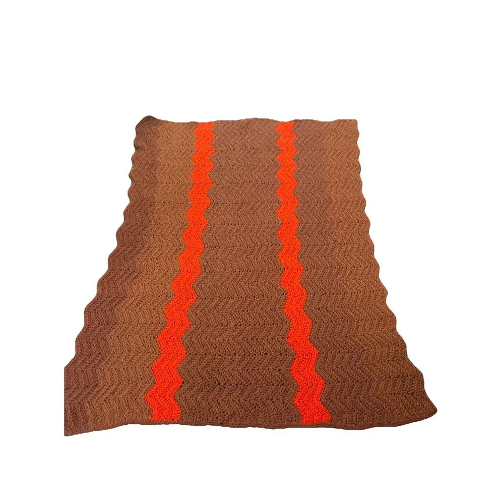 80s Afghan Crochet Throw Retro Handmade Chevron Zig Zag 46x46 Brown Orange Boho